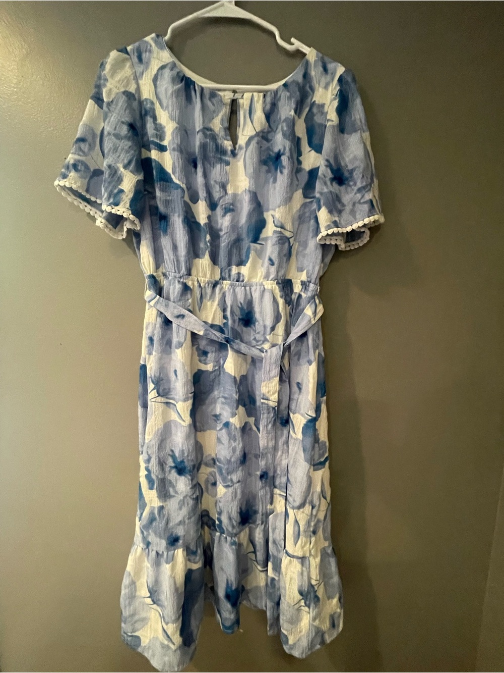 Luxology Blue and White Floral Midi Dress with Self-Tie Waist